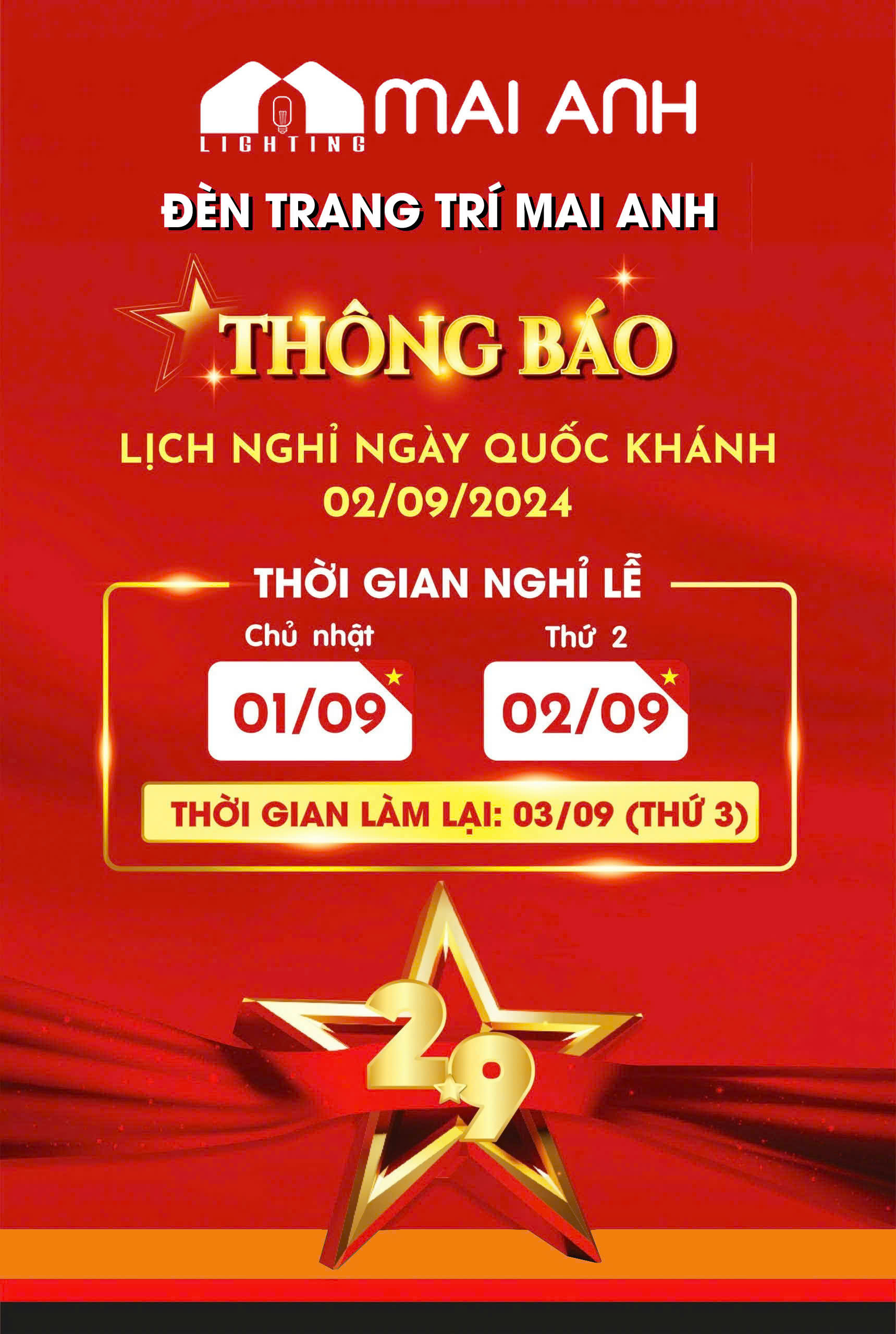 Mai Anh Lighting Kính chúc Quý khách nghỉ lễ Quốc khánh vui vẻ!